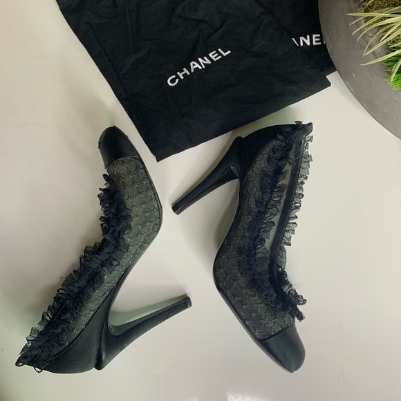 CHANEL Black satin Cap Round Toe Ruffle trim lace sheer high heels Stiletto shoe - Picture 5 of 15